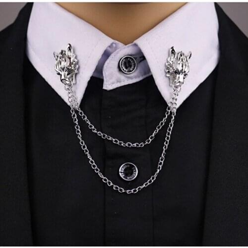 Retro Personality Metal Brooches Pins Dragons Head Brooch Shirt Collar Chip Tassel Chain Flower Suit Lapel Accessories