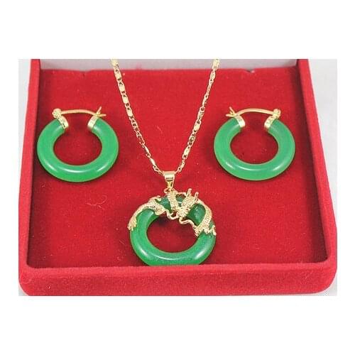 25mm fine jewelry Dark Green Natural jade dragon pendant hood earring Jades Jewelry set