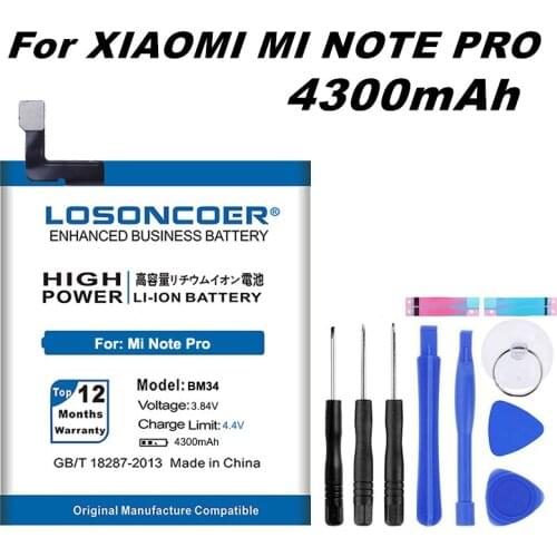 LOSONCOER 4300mAh BM34 Gift tools 9 parts Mobile Phone Batteries Built-in Li-ion For Xiaomi Mi Note Pro Battery