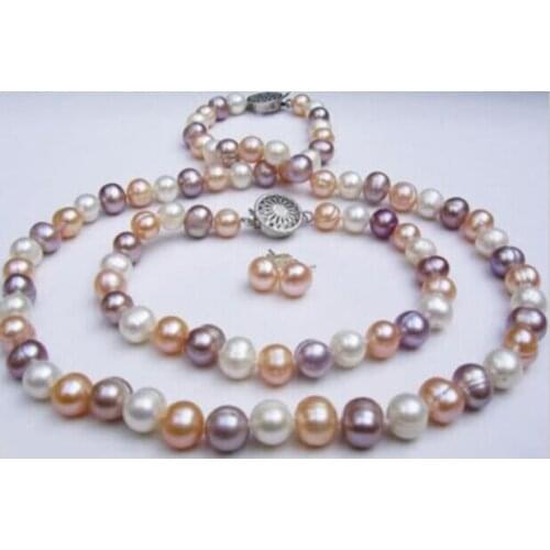 Free shipping $wholesale_jewelry_wig$ natural mixed-colour pearl Necklaces Bracelets Earrings sets