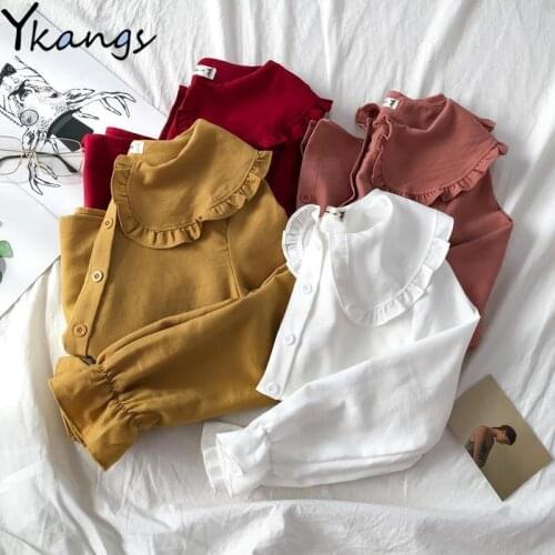 Kawaii Lolita Flare Long Sleeve Casual Blouses Women Korean Style Solid Sweet Street Lovely Tops Students Peter Pan Collar Shirt