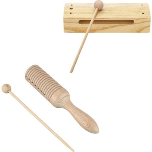 Kid Children Musical Toy Wooden Crow Sounder Percussion Instrument & Wooden Percussion Block Woodblock With Mallet