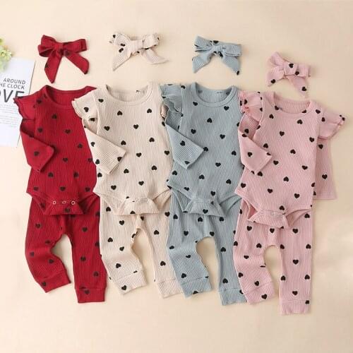 Childrens New Products Fall 2021 Korean Girl Casual Hanging Striped Multicolor Long Sleeve Romper Love Print Three-piece Set