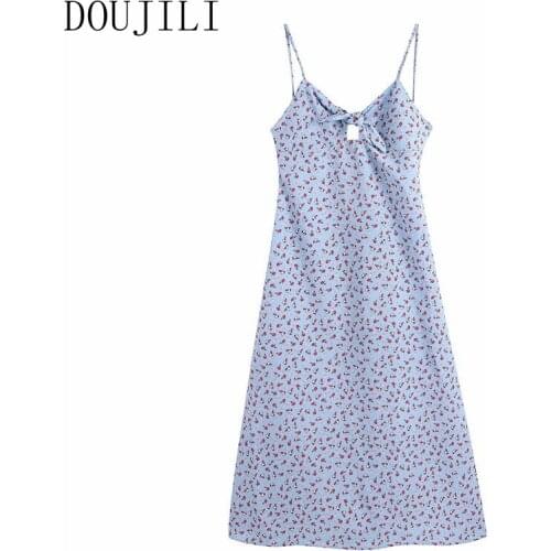 DOUJILI Sweet Flowers Print Strap Dresses Backless Sleeveless Bow Soft Female Casual Long Dress For Women