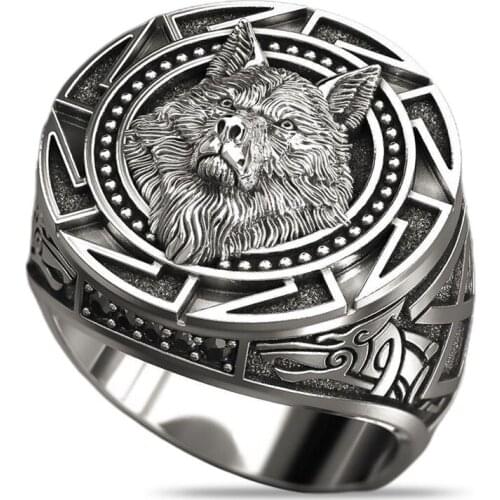 Gothic Punk Ring Men Retro Wolf Totem Rings Nordic Viking Mythology Totem Amulet Defense Punk Rock Finger Men Jewelry Gift