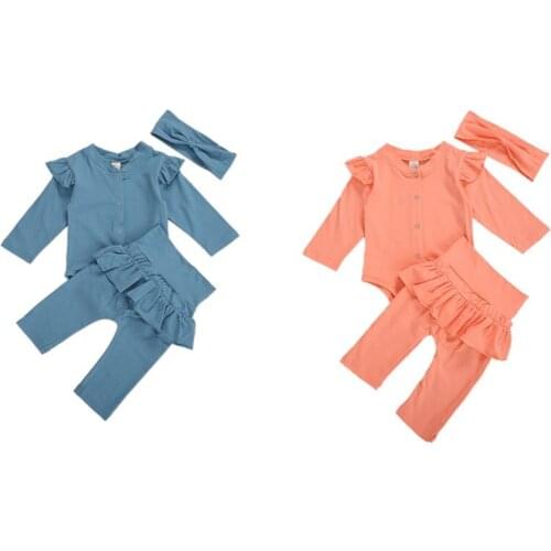 3PCS Infant Baby Girl Clothes Long Sleeve Romper + Ruffle Pants + Knot Headband Outfits Set Baby Autumn Clothing For 0-24M