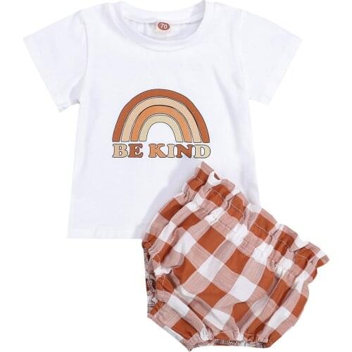 2021 Fashion Baby Girls Two-piece Clothes Set, White Round Collar T-shirt and Plaid Printed Pattern Elastic Waist Shorts