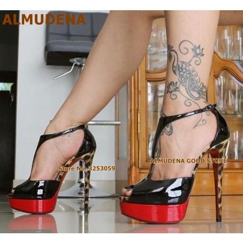 ALMUDENA Leopard High Heels Black Patent Leather T-strap Prom Shoes Platform Patchwork Wedding Pumps T-bar Open Toe Dress Shoes