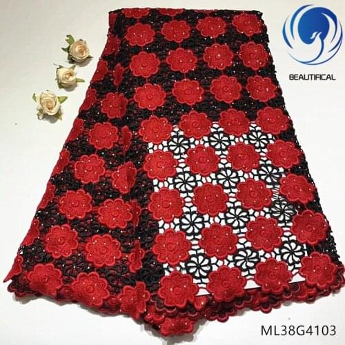 BEAUTIFICAL african cord embroidery lace rhinestones red black guipure lace for dress lace cord ML38G41