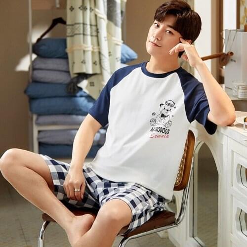 Summer Men Pajamas Set Cute Cartoon Litter Bears Print Plaid Sleepwear Soft Loose O-Neck Male Nightwear Plus Size Lounge Wear