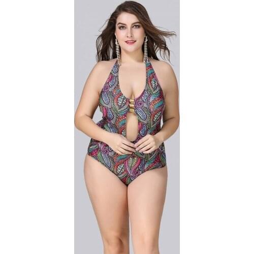 Monokini Swimsuit Push Up Women One Piece Plus Size Thong Bikini Swim Suits Cut Out Female Halter Swimwear Print Bathing Suit