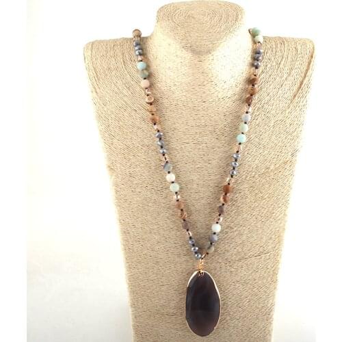 MOODPC Fashion Bohemian Tribal Jewelry Stone Long Knotted Natural Stone Pendant Necklaces