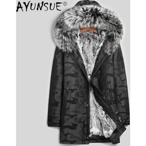 AYUNSUE Men Jacket 100% Rex Rabbit Fur Mens Clothing 2020 Winter Coat Real Silver Fox Fur Collar Clothes Erkekler Parkas LXR362