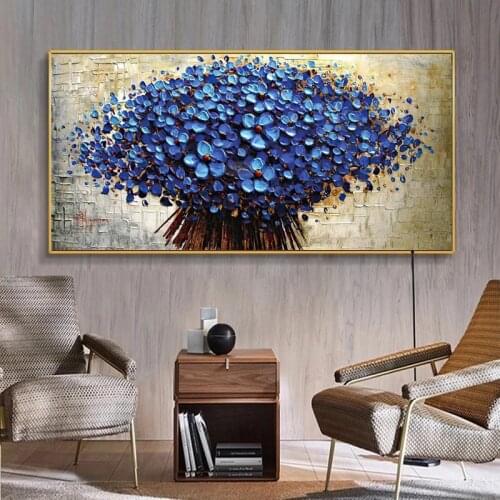 Nordic Abstract Blue Flowers Oil Painting on Canvas Wall Art Posters Prints Wall Pictures for Living Room Home Cuadros Decor