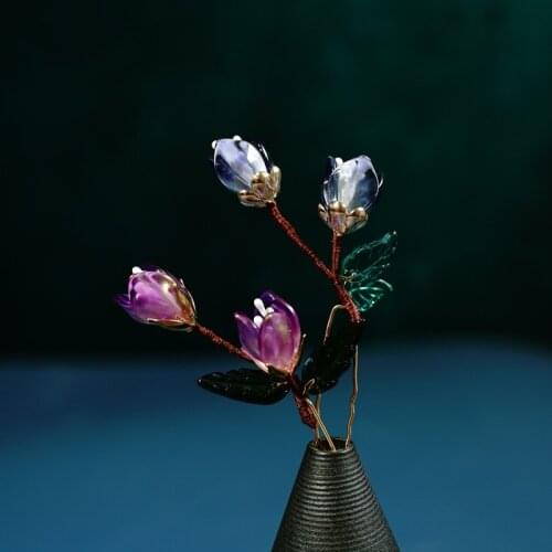 Original Fantasy Blue Purple Flower Hairpin Hair Sticks with Stame Hanfu Women Hairdressing Headdress Jewelry Chinese Gift