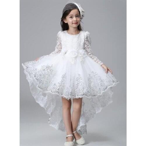2019 summer girls dresses elegant sequin long sleeve flower lace tail princess girl dress children wedding birthday dresses
