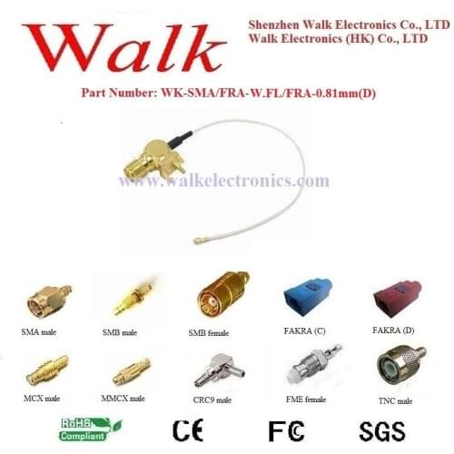 RF0.81 cable assembly: SMA female right angle for PCB mount to W.FL/IPEX 3 female right angle with 0.81mm(D) cable