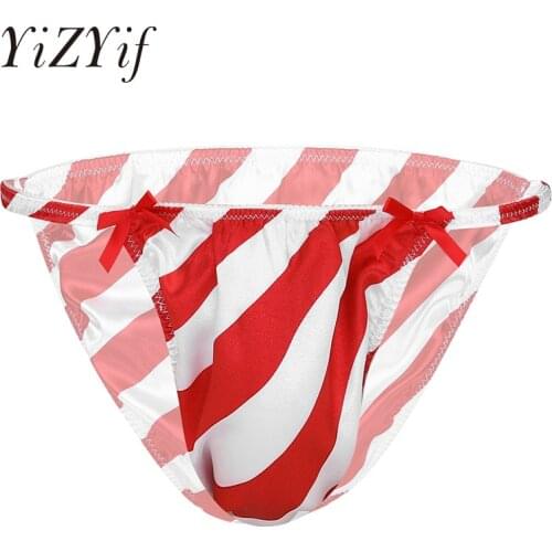 Christmas Striped Briefs Men Shiny Satin Underwear Red & White Striped Low Rise Christmas Sissy Panties Sexy Sting Bikini Breifs