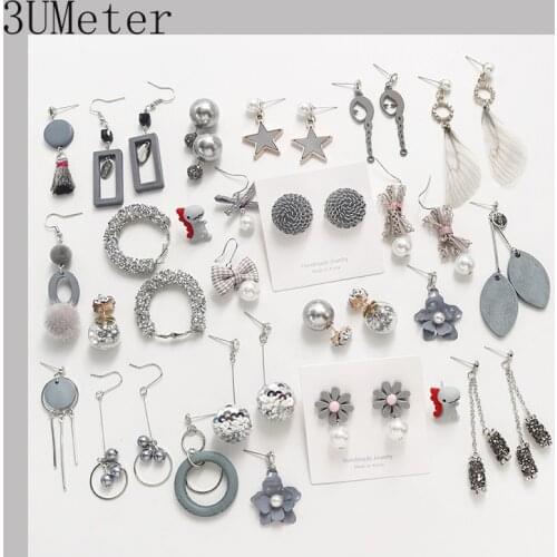 3UMeter 2019 New Grey High Cold Earrings For Women Korean Vintage Stud Earrings Long Tassel Earrings Pearl Earrings Gift