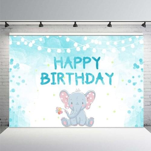 Elephant Birthday Photo Background Newborn Baby Party Blue Banner Photography Backdrops Baby Shower Computer Printed Backdrop