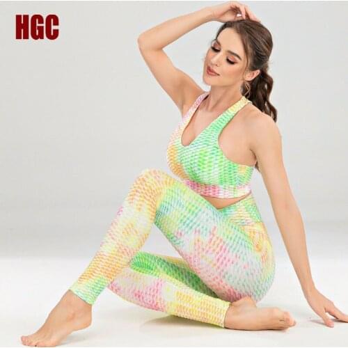 HGC Sports Suit Women Fitness 2 Piece Yoga Set Gym Workout Floral Sportswear Running Leggings Top Training Elastic Tracksuit