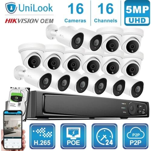 UniLook 16CH NVR 16Pcs Mini Dome Bullet Mixed POE IP Camera NVR kit Night Vision Motion Detection Onvif H.265 NVR Kit P2P