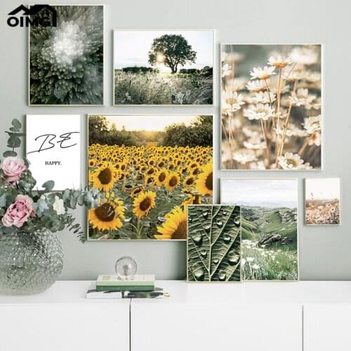 Spring Scenery Daisy Sunflower Filed Grass Mountains Canvas Poster Prints Forest Top Dew Leaf Painting Livingroom Picture Decor