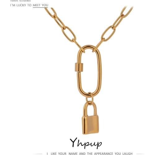 Yhpup Statement Stainless Steel Jewelry for Women Ellipse Lock Pendant Necklace Golden Plated Chain Choker Necklace брелок 2020