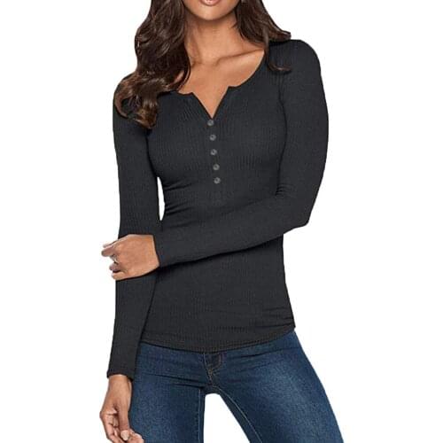 T-shirt For Ladies Autumn Solid Slim Fit Pullover High Street Button Up Tops Comfy Long Sleeve Tshirts Leisure V-neck T Shirts