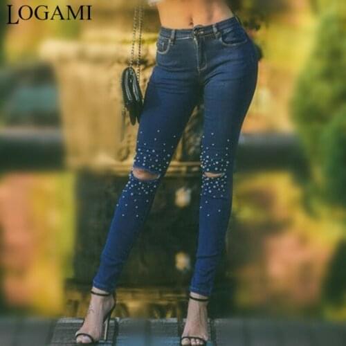 LOGAMI Ladies High Waist Knee Ripped Jeans With Beads Women`s Dark Blue Stretchy Denim Pants Jeans For Woman