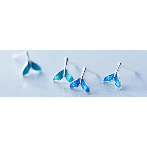 MloveAcc 2019 100% 925 Solid Real Sterling Silver Blue Little Mermaid Tail Stud Earrings for Girl Daughter Fine Jewelry
