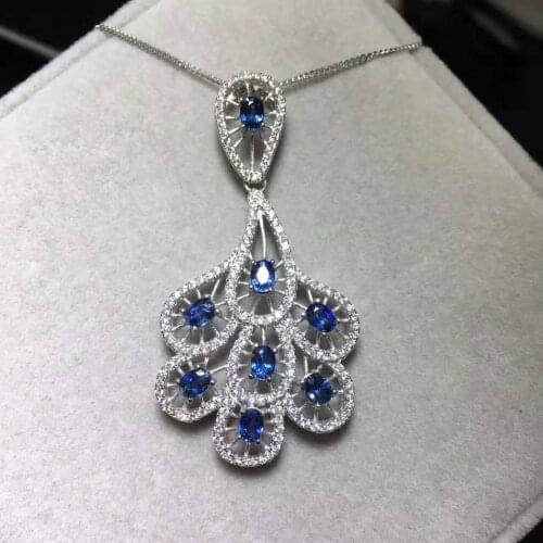 Natural blue sapphire pendant S925 silver Natural gemstone Pendant Necklace trendy lovely Peacock tail fan women party jewelry