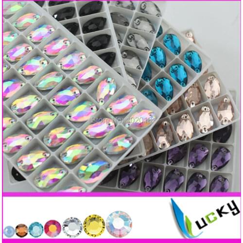 144pcs 10.5x18mm teardrop shape All colors sew on crystals with 2 holes flatback droplet glass sewing beads