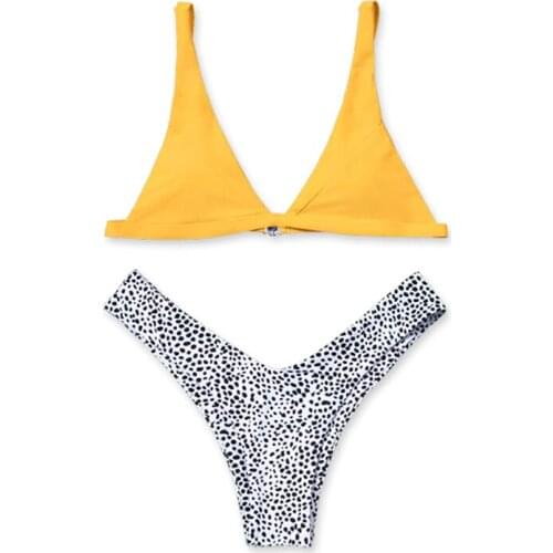 2019 Sexy Women Solid Top and Polka Dot Thong High Waist Bottom Shown Cleavage Padded Wireless Bikini Set Bathing Suit