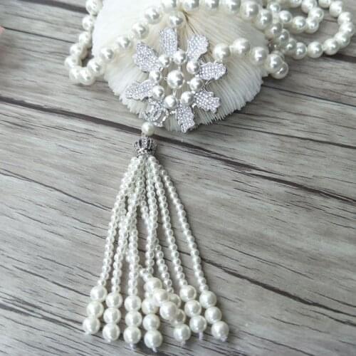 5pcs flower charm Pendant CZ zircon crystal Micro pave Connector,Natural Shell Pearl Beads Chain tassels Women Necklace NK221