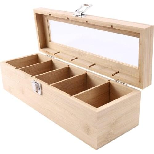 Bamboo System Tea Bag Jewelry Organizer Storage Box 5 Compartments Tea Box Organizer Wood Sugar Packet Container