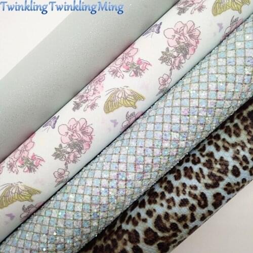 Plaids Glitter Fabric, Leopard Synthetic Leather, flowers Faux Fabric Sheets For Bow A4 21x29CM Twinkling Ming XM021E
