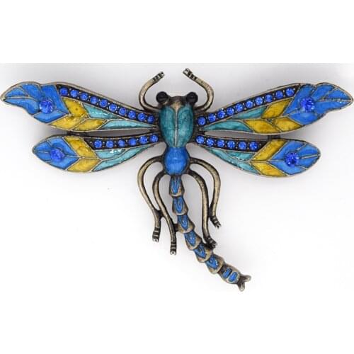 Antique Bronze Blue Rhinestone Enamel Dragonfly Pin brooches C570 B4