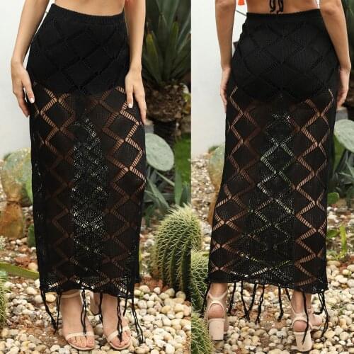 H80&S90 Swimwear Women Cover Up Hollow Out Knitted Skirt Fringe Tunic Beach Sun Kaftan Covers Cape Female Sexy Beach Skirts