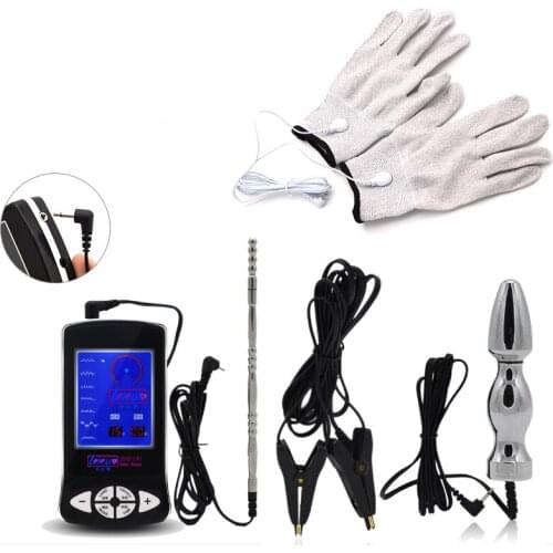 TENS Electro Sex Kit Penis Urethral Sounds Electronic Pulse Massager Vagina Anal Plug E-stim Gloves Electric Clamp for Men&Women