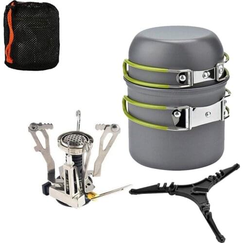 Outdoor Pot Mini Gas Stove Sets Camping Hiking Cookware Picnic Cooking Set Non-stick Bowls With Foldable Spoon Fork Knife