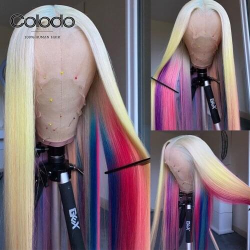 Rainbow Color 613 Lace Frontal Wig PrePlucked 13x4 Straight Lace Front Wig with Baby Hair Ombre Human Hair Wigs For Women COLODO