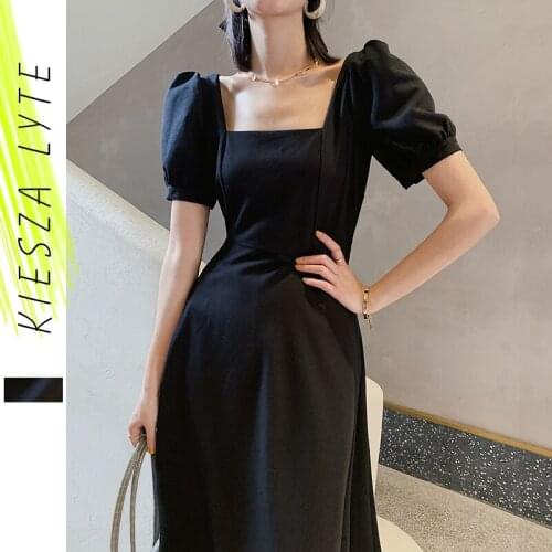 French Style Women Dress Summer Retro Elegant Square Collar Puff Sleeves A Line Dresses Vintage Ladies Elegant Vestidos