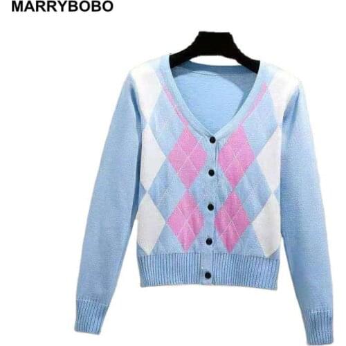 2020 Autumn Winter Short Knitted Cardigan Casual V-Neck Long Sleeve England Style Tops Vintage Plaid Print Sweater
