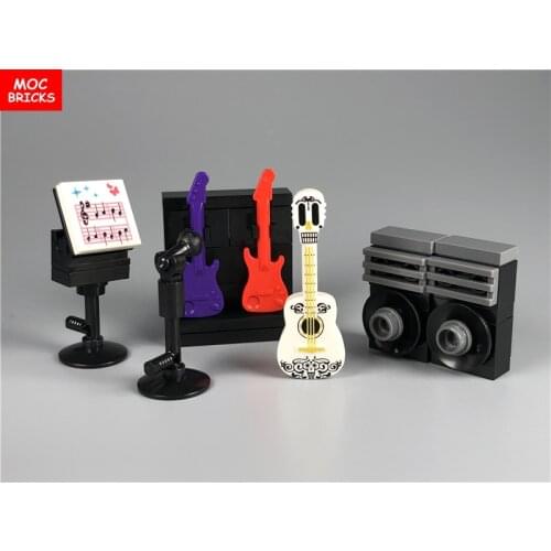 Set Sale MOC Bricks DIY Music Instrument Guitar Bass Microphone Loudspeaker Box Educational Building Blocks Toys Gifts