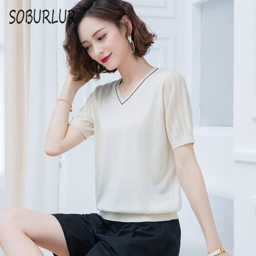 SOBURLUR 2021 Summer New Basic Short Sleeve T-shirts Womens T-shirt Crop Tops Woman Clothes Oversized T-shirt V-neck