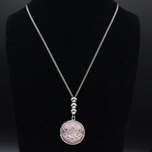 Yoga Buddha Lotus Pink Crystal Stainless Steel Long Necklaces Women Silver Color Beads Necklace Jewelry colgante mujer N20295