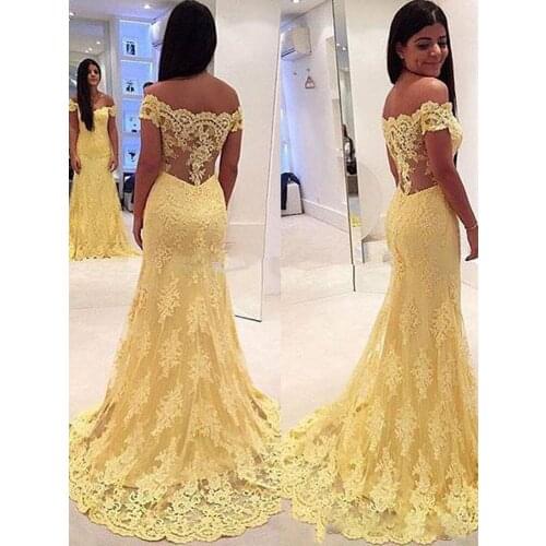 Yellow Lace Appliques Beads Tulle Evening Dress Sexy Off the Shoulder Women Long Prom Gown robe de soiree