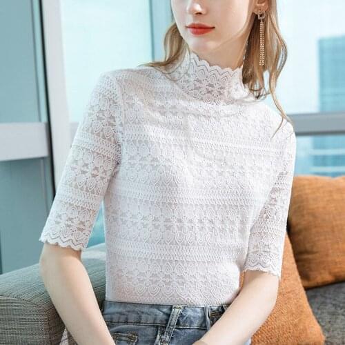 Summer T-Shirts Women Sexy TurtleNeck French Lace Style Elegant Fashion 2021 INS Slim Casual Female Blouse Tees Hollow Out C2455