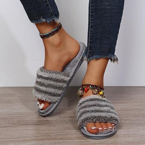 Indoor Winter Furry Slippers Woman Shoes Women Sandals Flip Flops Antiskid Flat Slides Women Crystal Zapatos De Mujer 2021 NEW